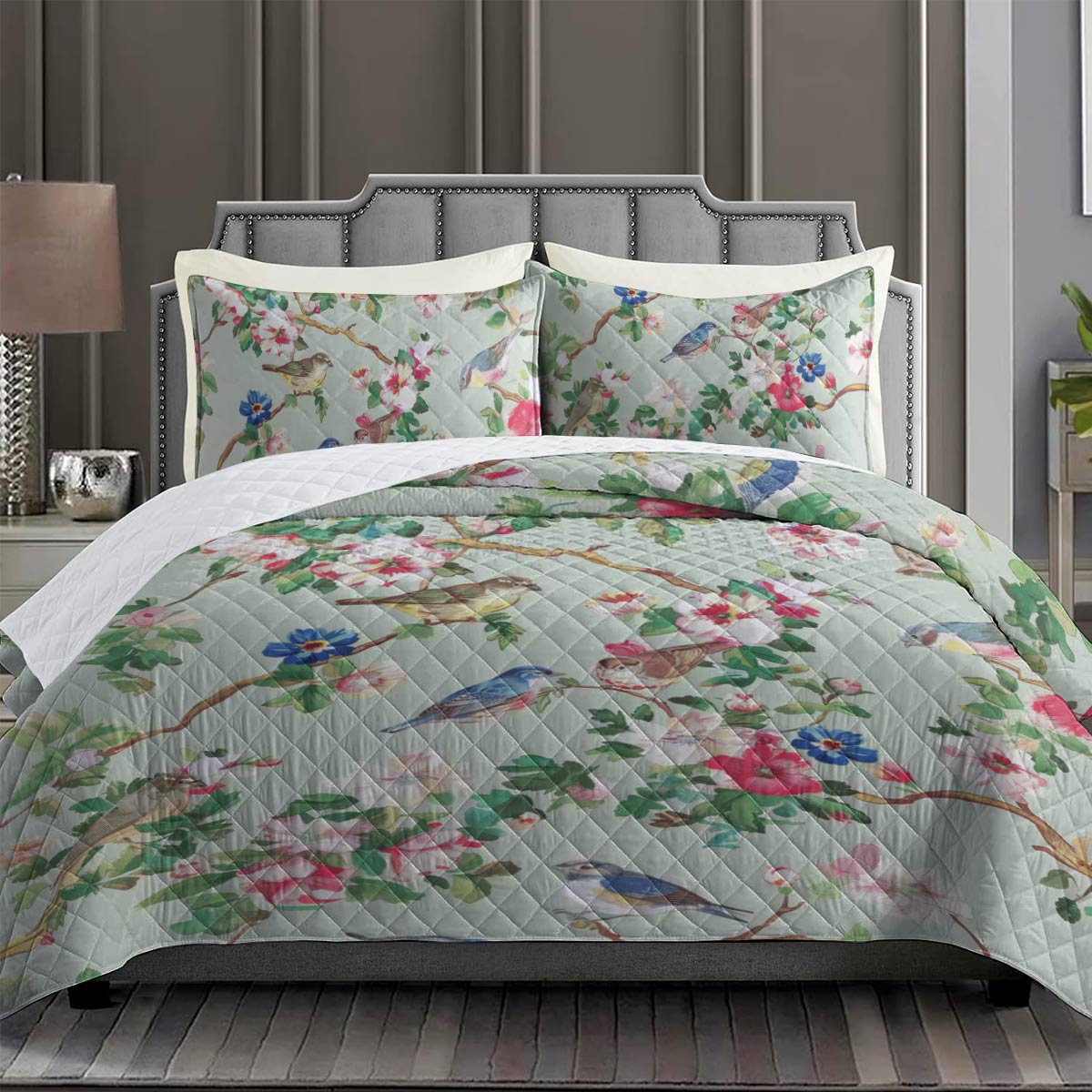 Shineful Quilt 3-Piece Set Green Flower