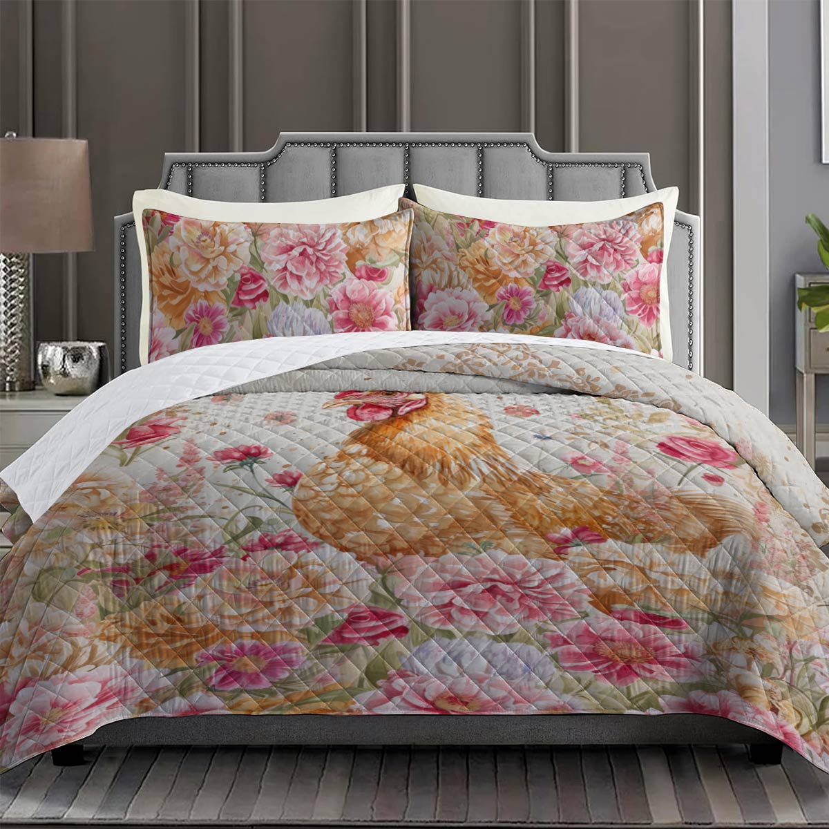 Shineful Quilt 3-Piece Set Chicken In Flowergarden