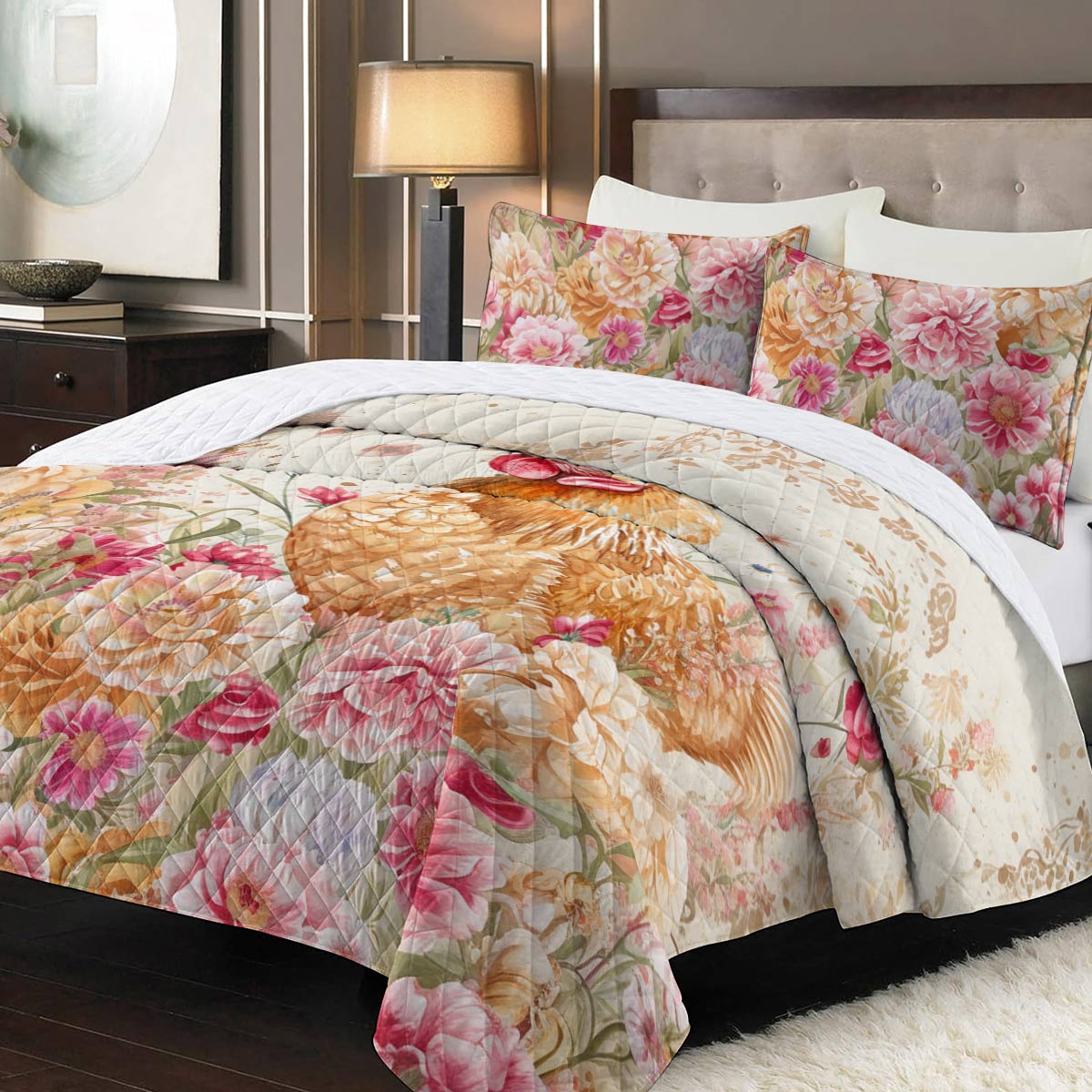 Shineful Quilt 3-Piece Set Chicken In Flowergarden