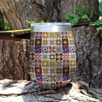 Quilting 12 Oz Shineful™ Wine Tumbler Colorful Quilt Blocks Mn8 12Oz