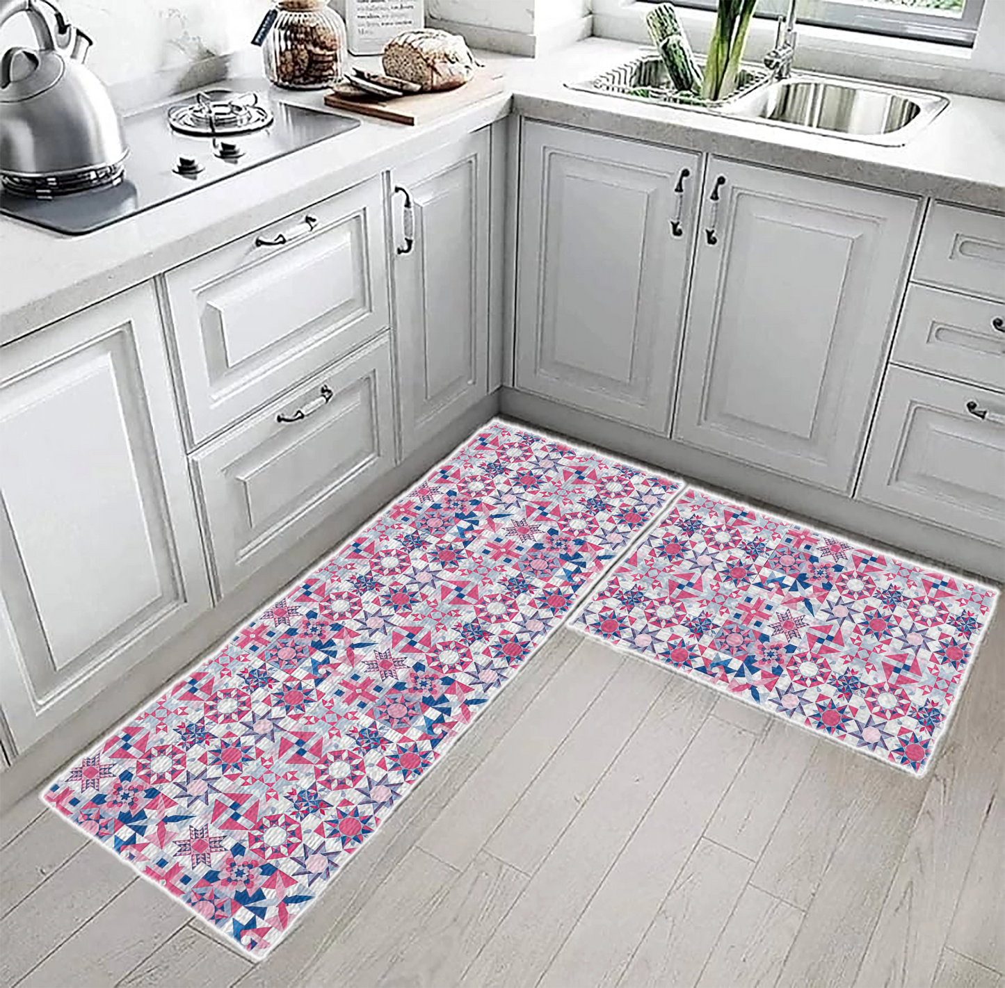 Shineful Pink Quilting Blocks Ultra-Thin Non Skid Floor Mat, Kitchen Rugs