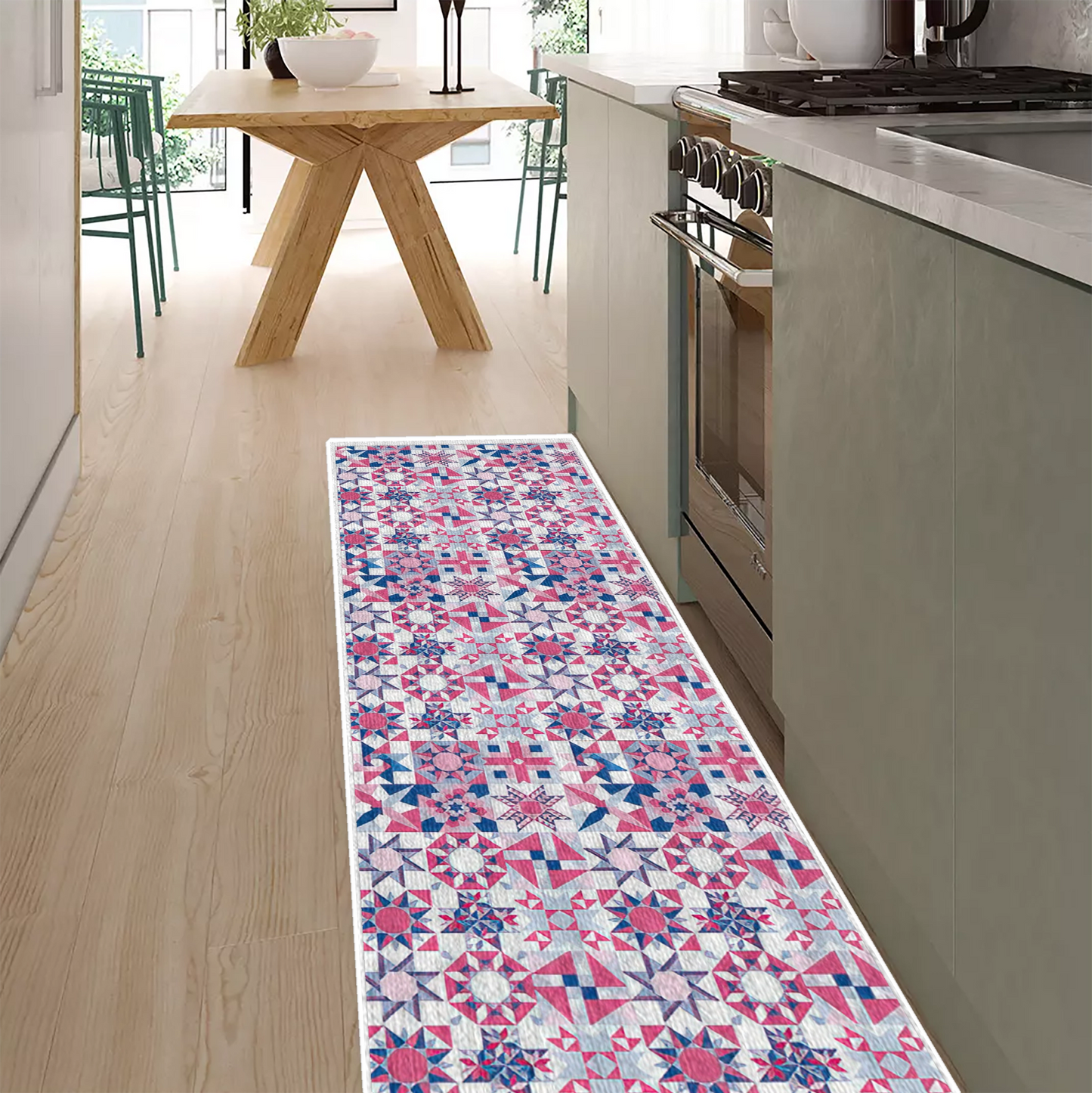 Tapis de sol antidérapant ultra-fin à motifs de blocs de quilting roses brillants, tapis de cuisine