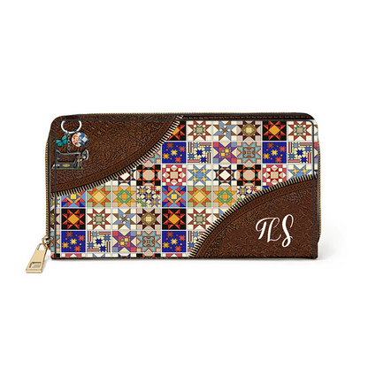 Shineful Colorful Quilt Blocks TLS Leather Clutch Purse With Wristlet Strap Handle