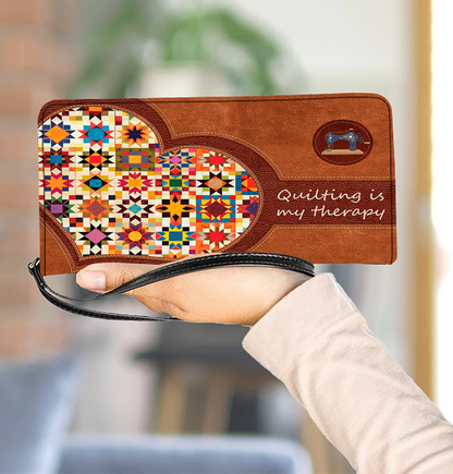 Shineful Quilting Is My Therapy Leather Clutch Purse With Wristlet Strap Handle