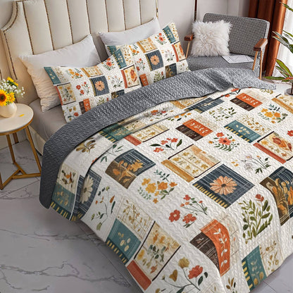 Shineful All Season Quilt 3-Piece Set Books Flowers Lovely