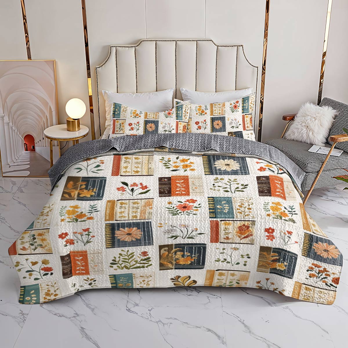 Shineful All Season Quilt 3-Piece Set Books Flowers Lovely