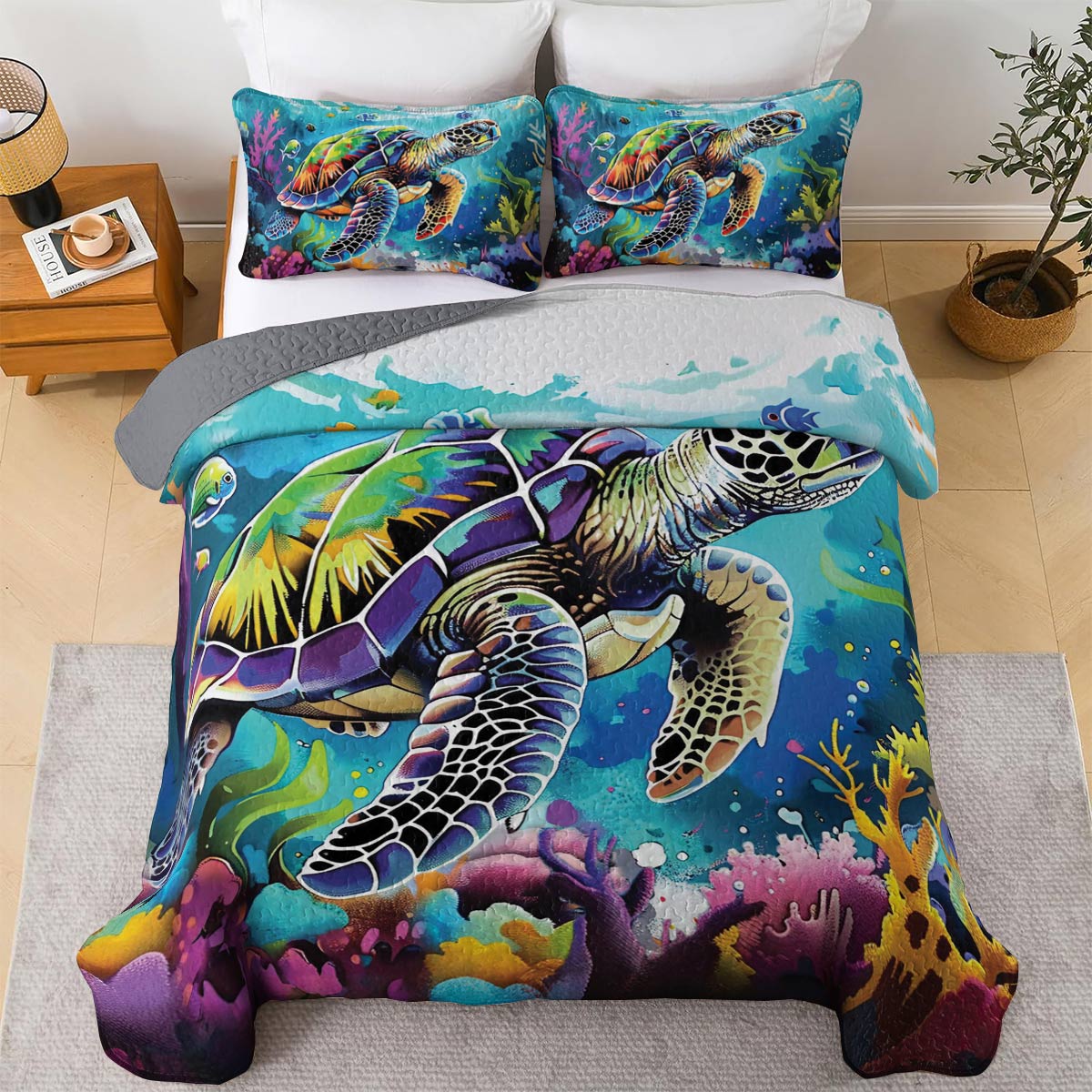 Shineful Quilt 3-Piece Set Neon Sea Turtle