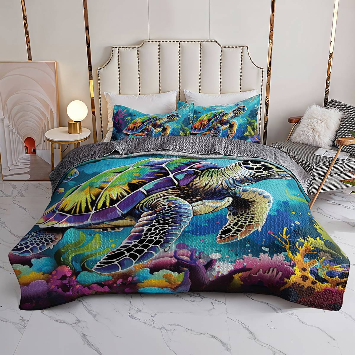 Shineful Quilt 3-Piece Set Neon Sea Turtle