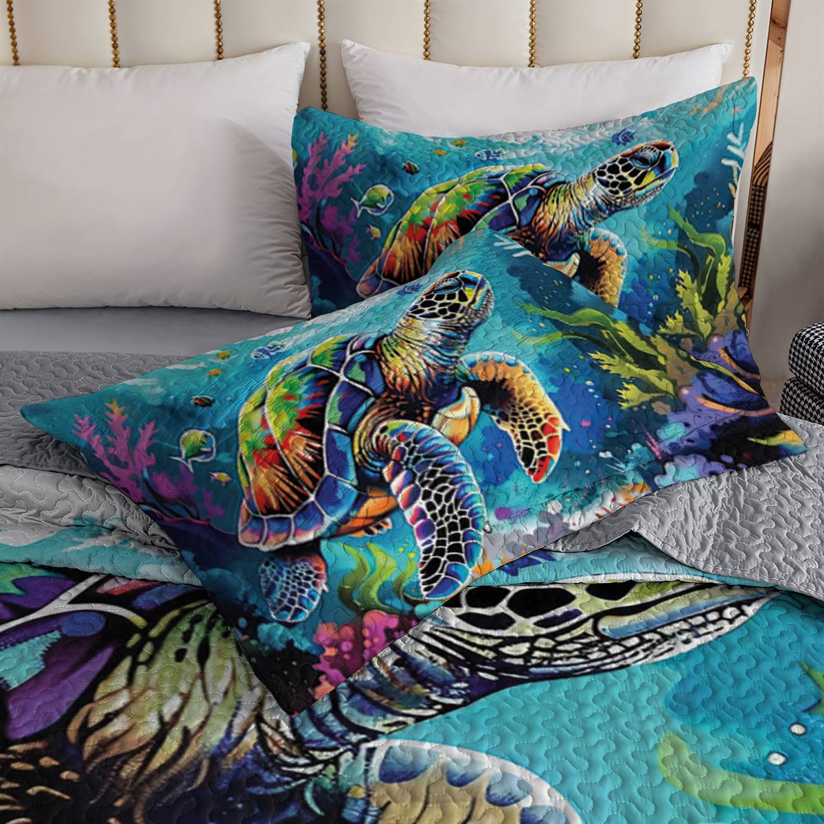 Shineful Quilt 3-Piece Set Neon Sea Turtle