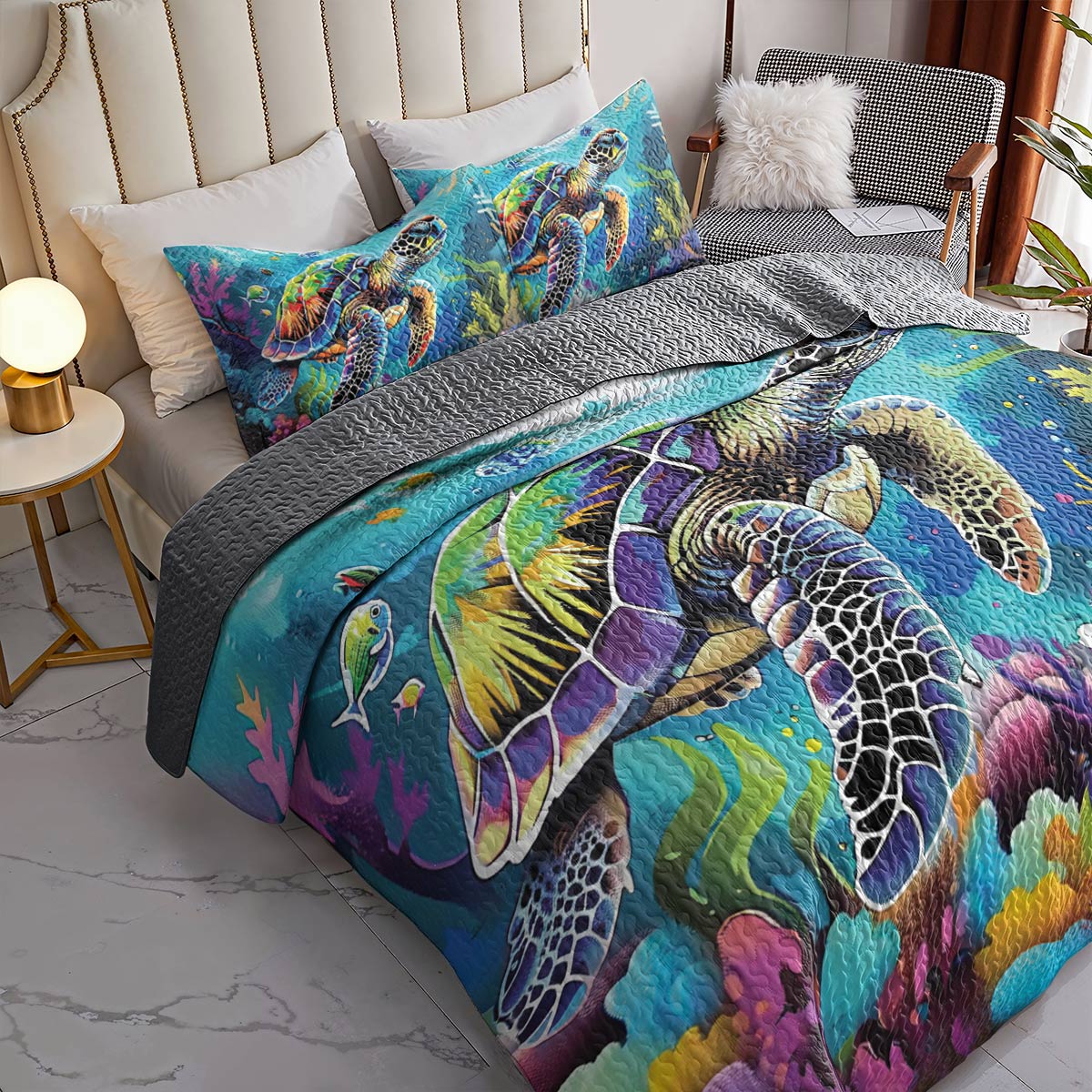 Shineful Quilt 3-Piece Set Neon Sea Turtle