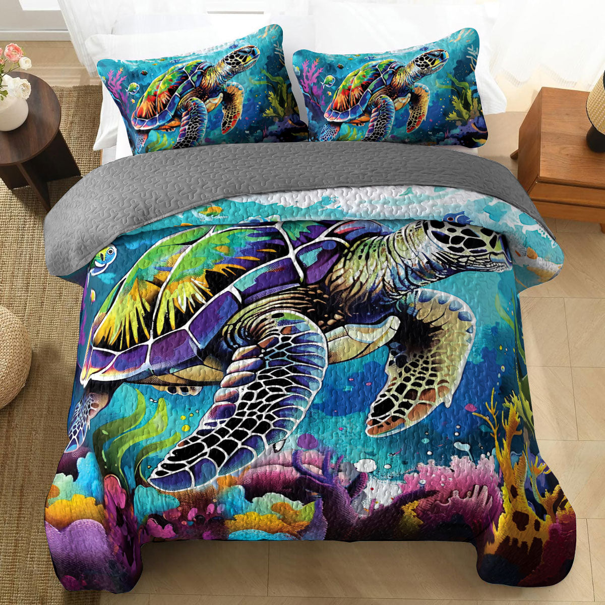 Shineful Quilt 3-Piece Set Neon Sea Turtle