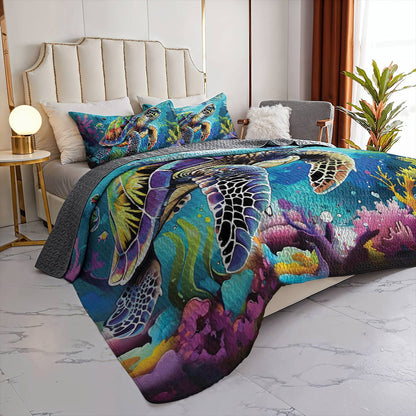 Shineful Quilt 3-Piece Set Neon Sea Turtle