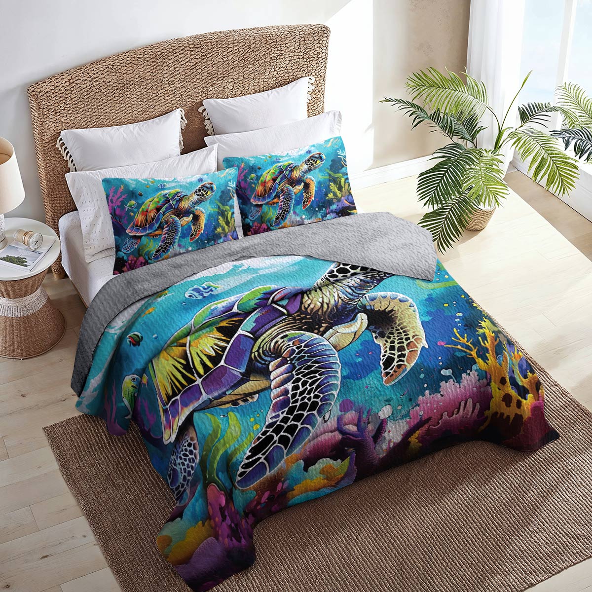 Shineful Quilt 3-Piece Set Neon Sea Turtle