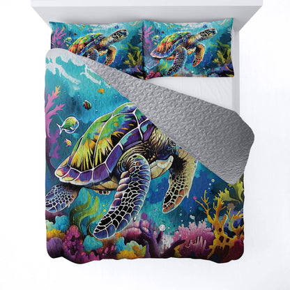 Shineful Quilt 3-Piece Set Neon Sea Turtle