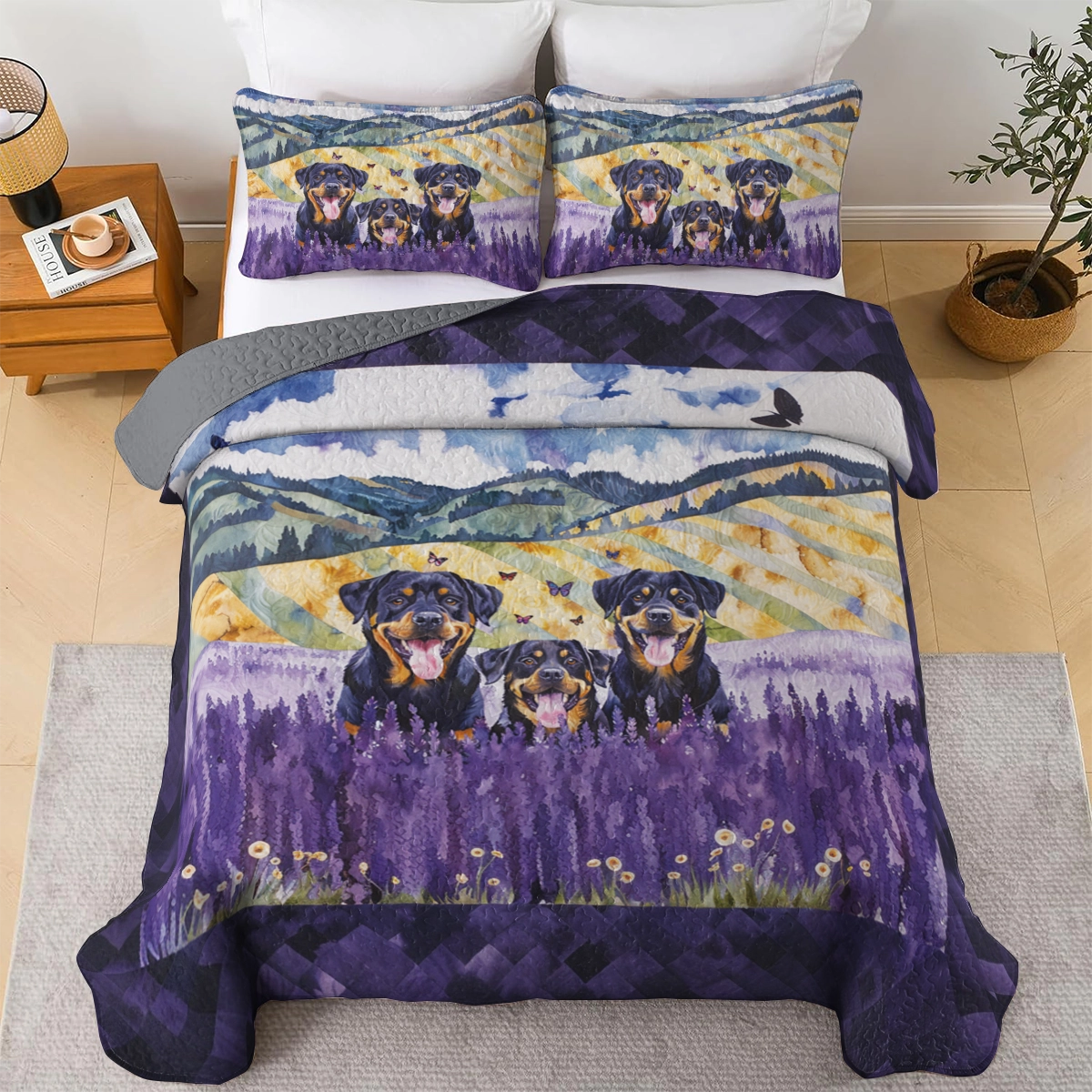 Ensemble de courtepointe toutes saisons Shineful 3 pièces - Rottweiler Lavender Dream