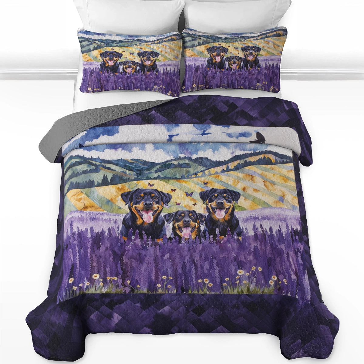 Ensemble de courtepointe toutes saisons Shineful 3 pièces - Rottweiler Lavender Dream