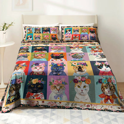 Shineful 4-Piece Bed Sheet Set Floral Cat Fantasy