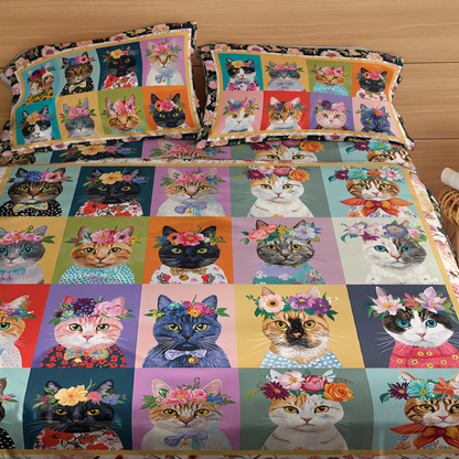 Shineful 4-Piece Bed Sheet Set Floral Cat Fantasy