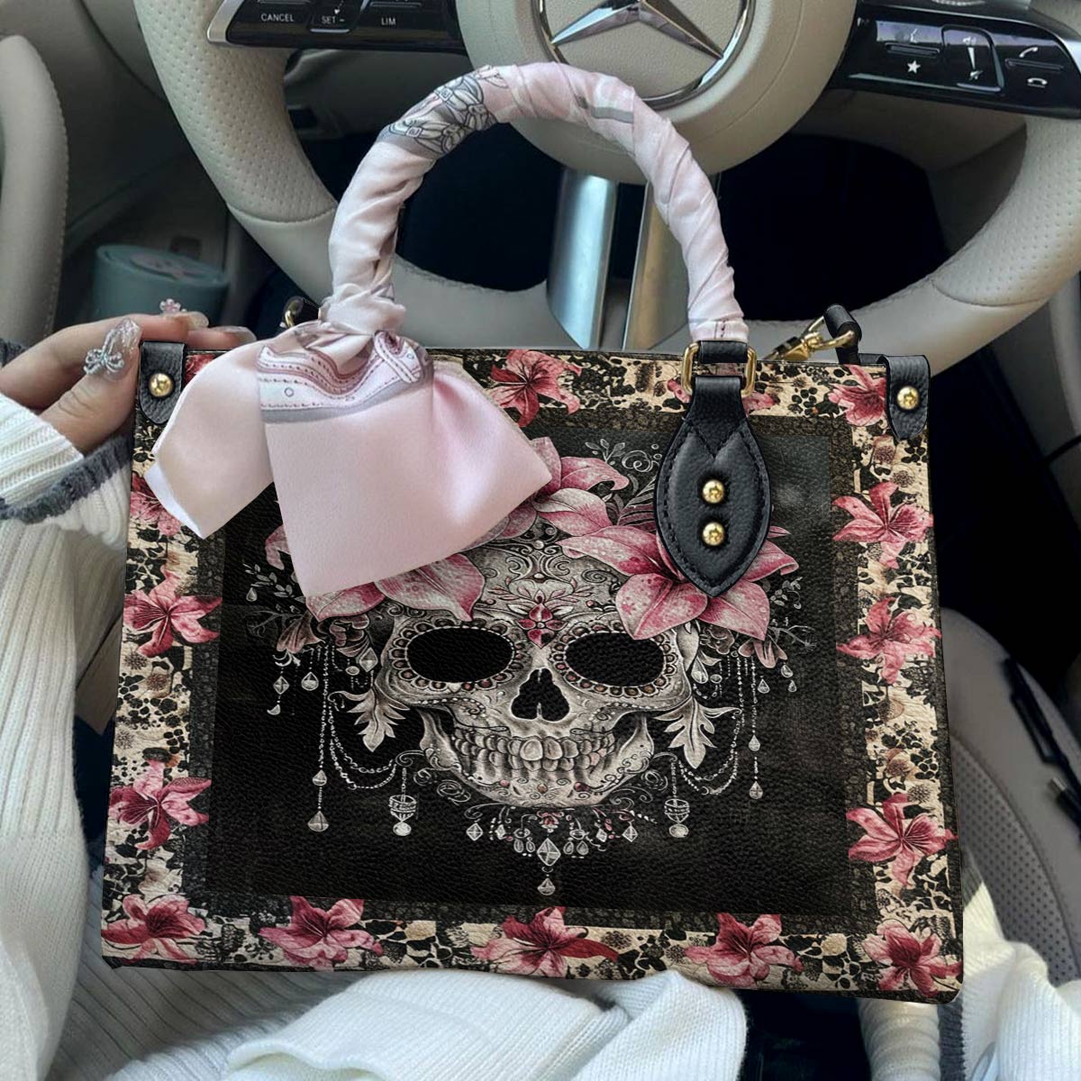 Shineful Leather Bag Beautiful Sugar Skull With Lilies