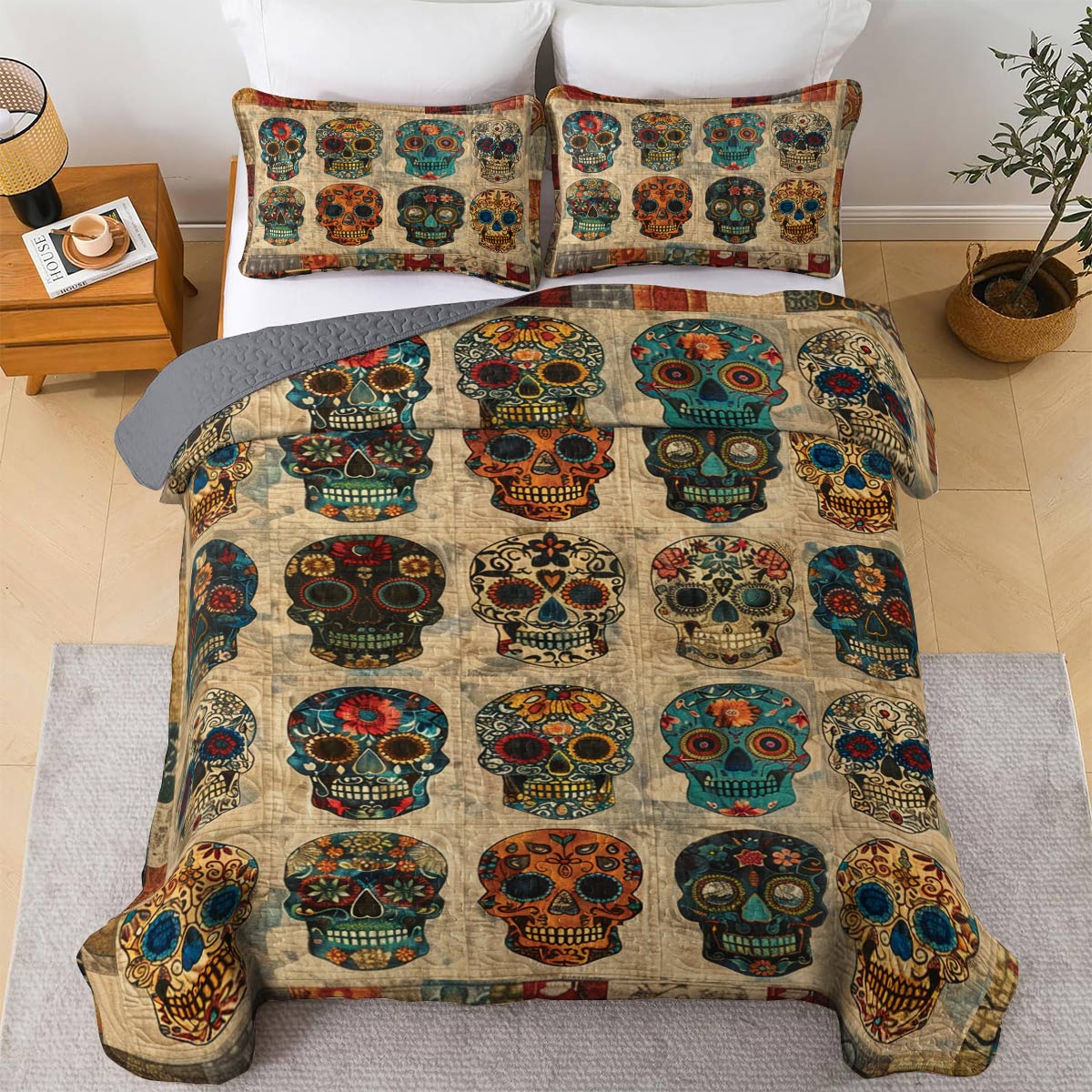 Shineful All Season Quilt 3-Piece Set Old Vintage Sugar Skull