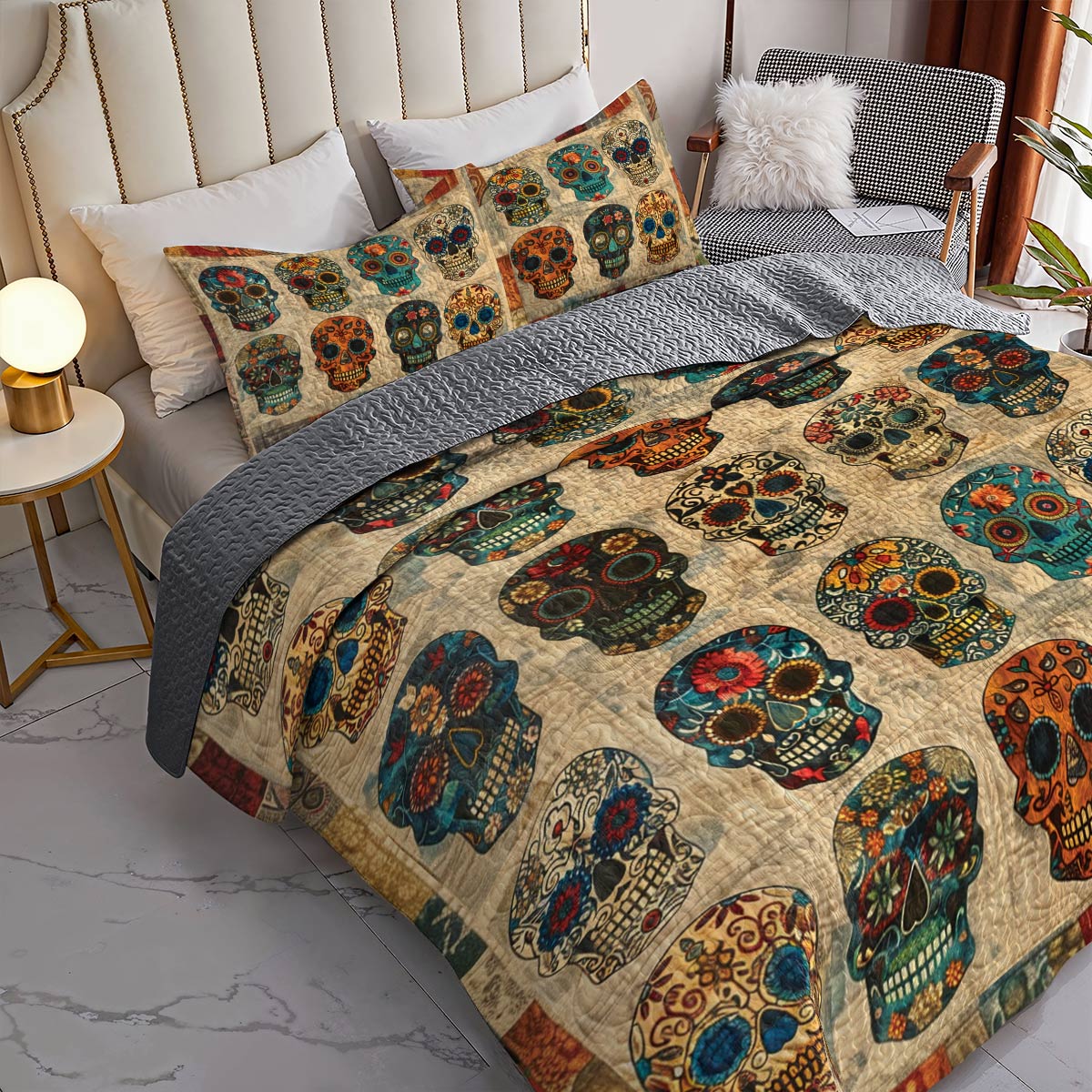 Shineful All Season Quilt 3-Piece Set Old Vintage Sugar Skull