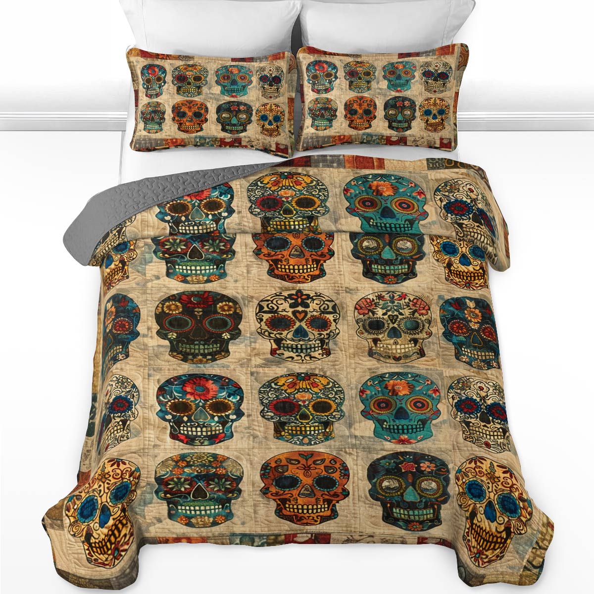 Shineful All Season Quilt 3-Piece Set Old Vintage Sugar Skull