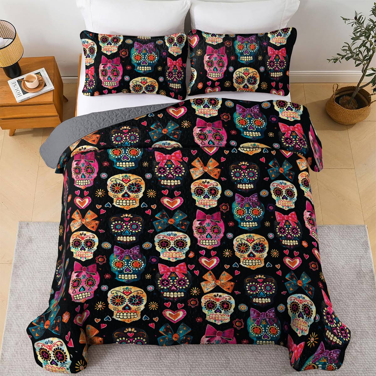 Shineful All Season Quilt 3-Piece Set Pretty Love Sugar Skull