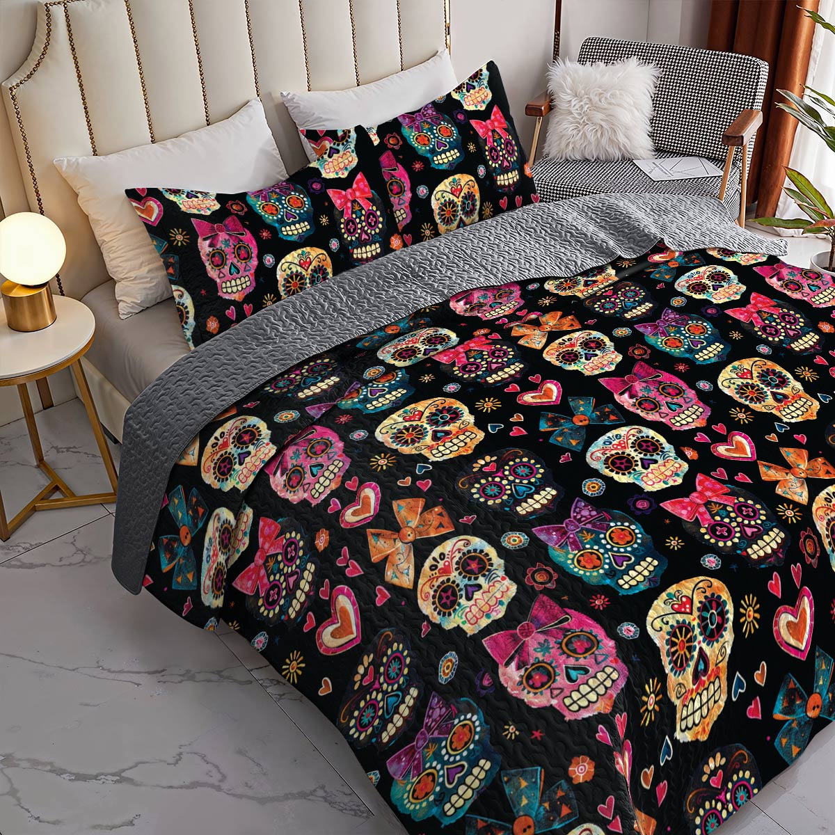 Shineful All Season Quilt 3-Piece Set Pretty Love Sugar Skull