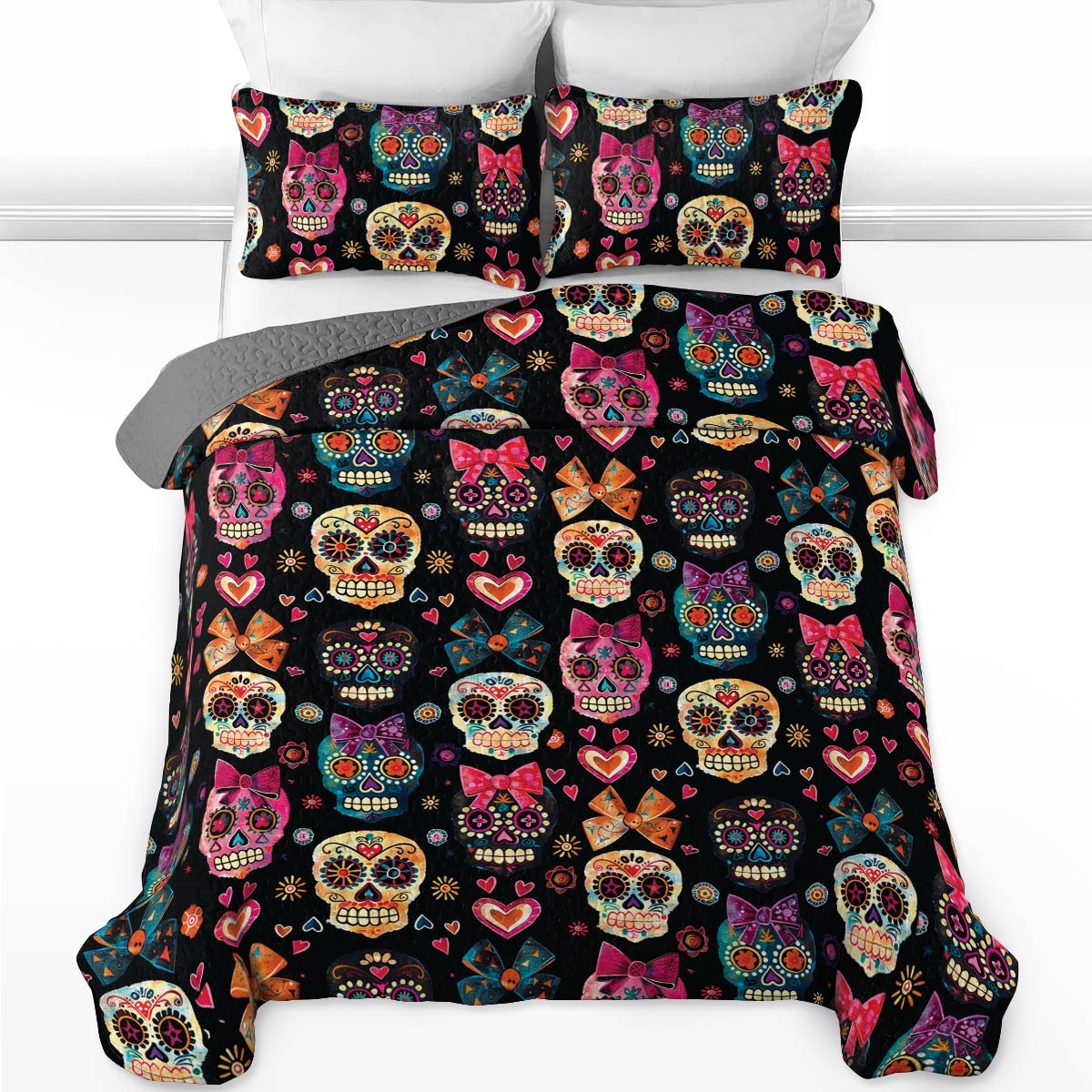 Shineful All Season Quilt 3-Piece Set Pretty Love Sugar Skull