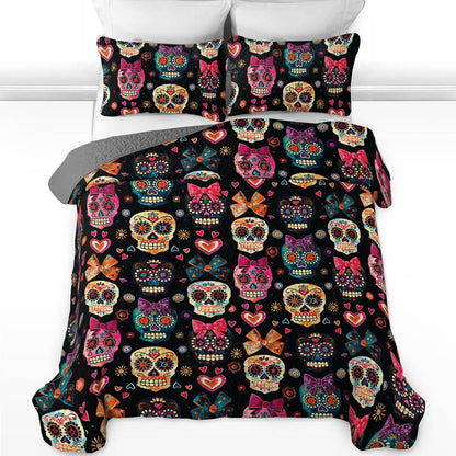 Ensemble de courtepointe toutes saisons Shineful 3 pièces Pretty Love Sugar Skull