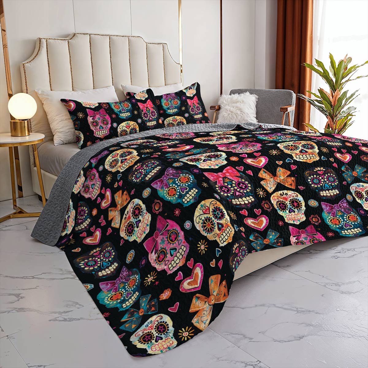 Shineful All Season Quilt 3-Piece Set Pretty Love Sugar Skull