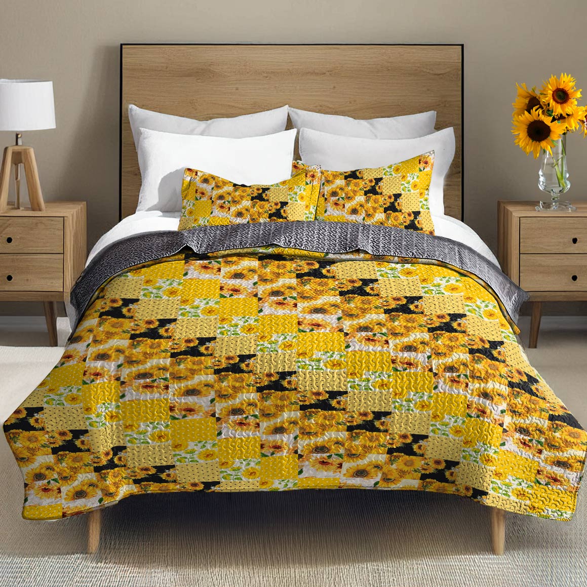 Shineful All Season Quilt 3-Piece Set Gorgeous Sunflowers Lovely