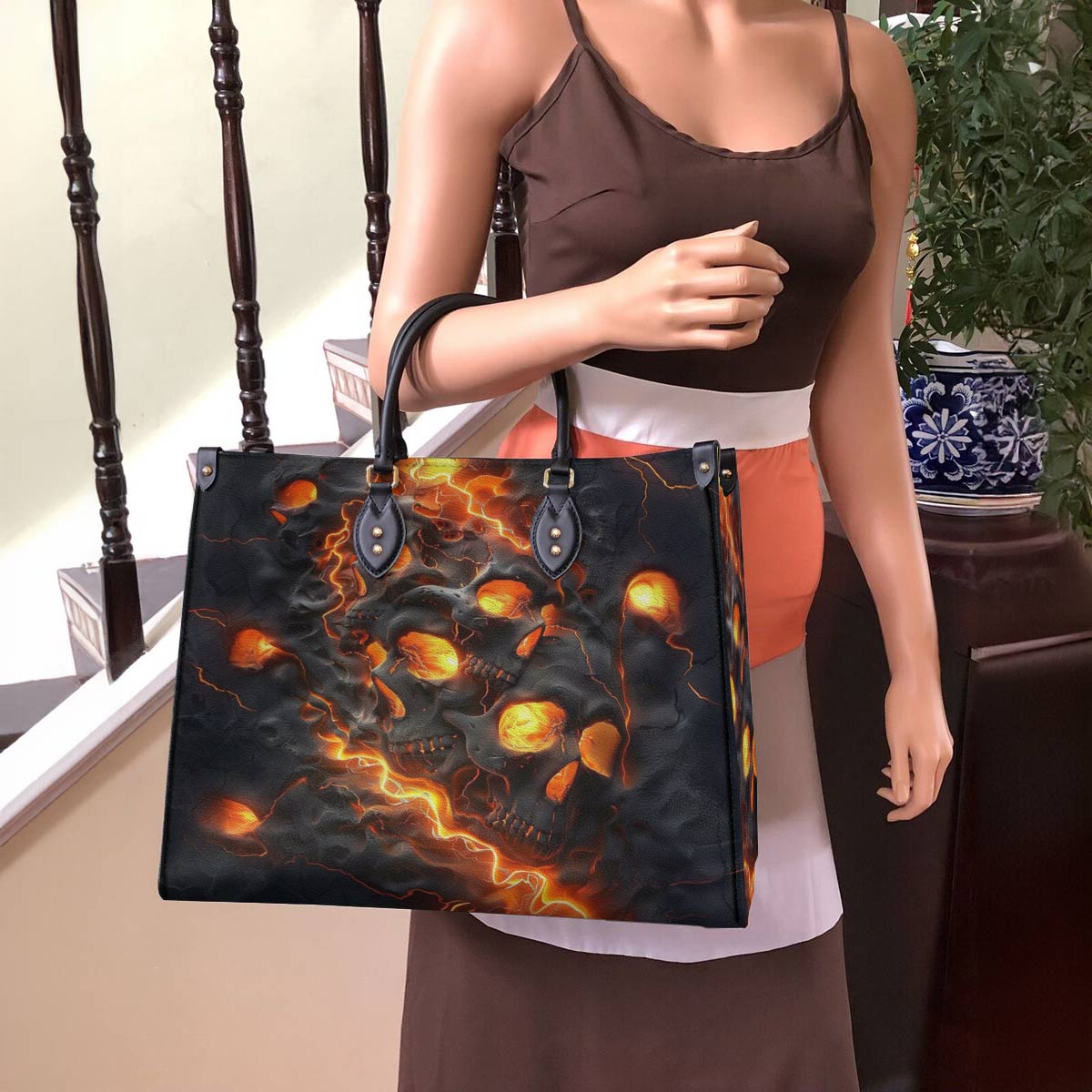 Shineful Leather Bag Beautiful Fire Skull