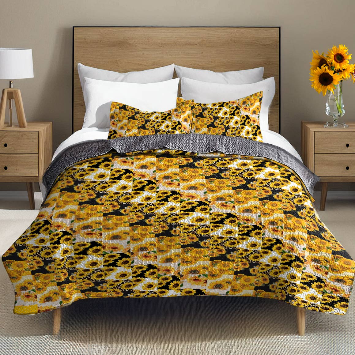 Shineful All Season Quilt 3-Piece Set Gorgeous Sunflowers Pattern