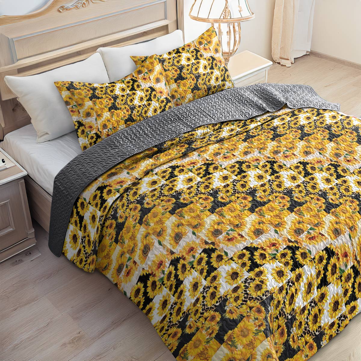 Shineful All Season Quilt 3-Piece Set Gorgeous Sunflowers Pattern