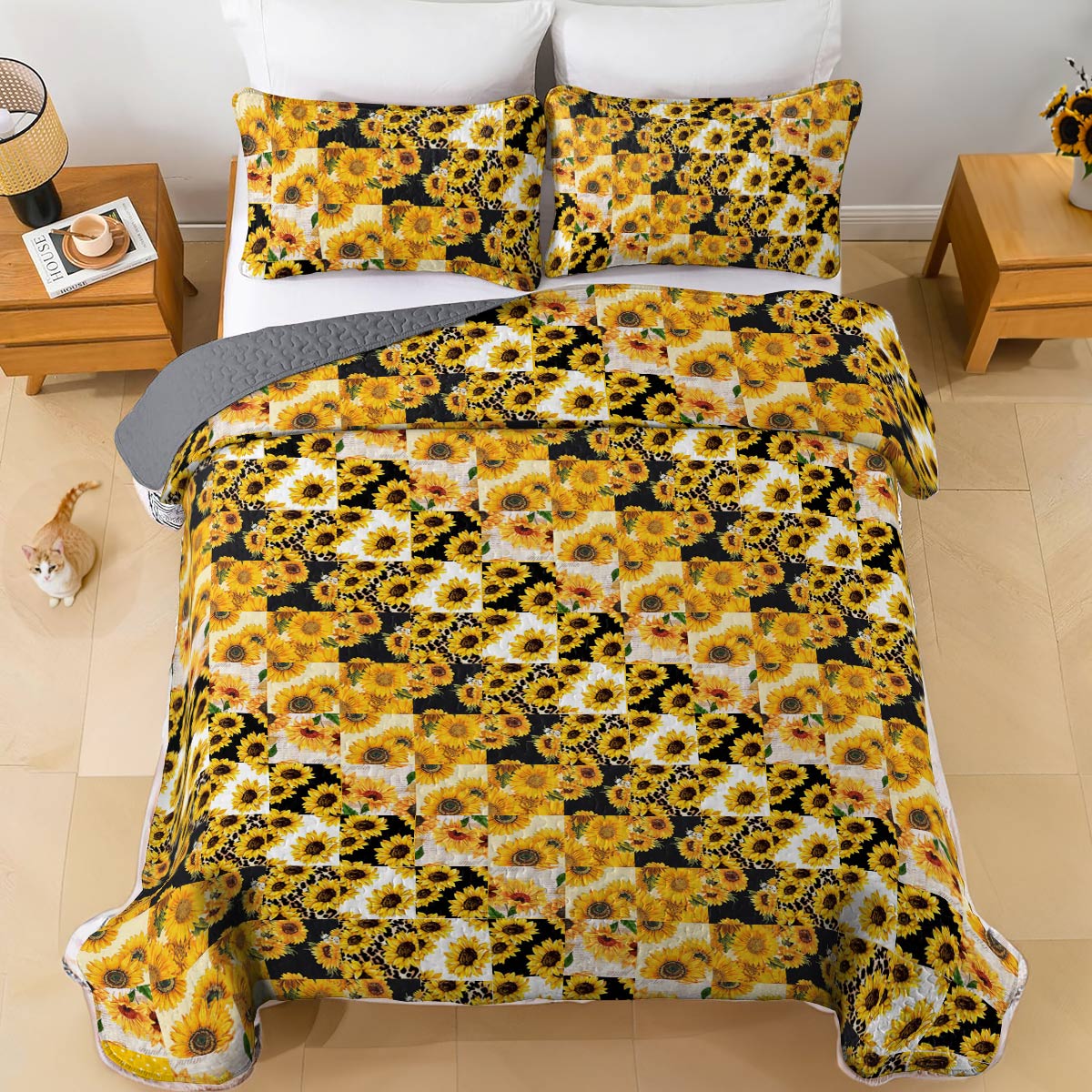 Shineful All Season Quilt 3-Piece Set Gorgeous Sunflowers Pattern