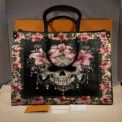 Shineful Leather Bag Beautiful Sugar Skull With Lilies