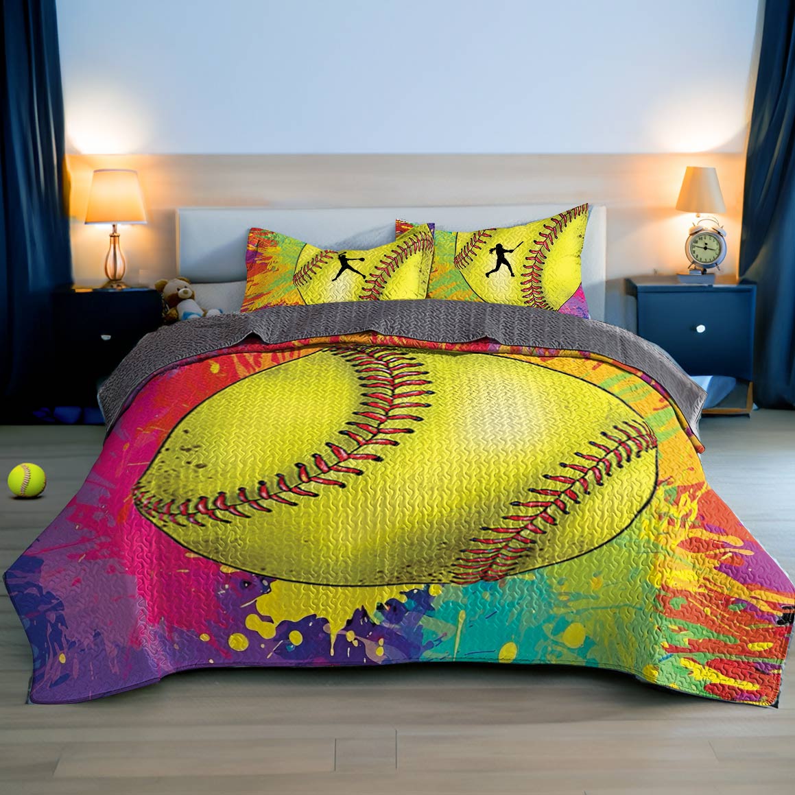 Shineful All Season Quilt 3-Piece Set Colorful Softball Splashing