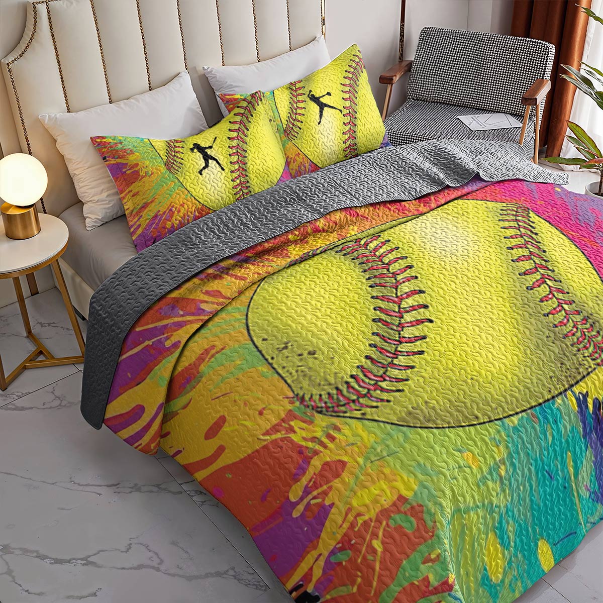 Shineful All Season Quilt 3-Piece Set Colorful Softball Splashing