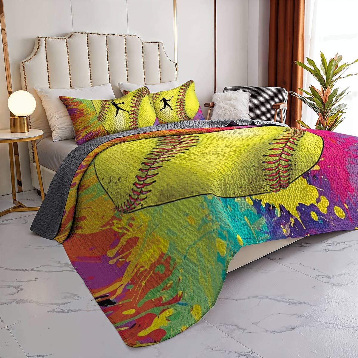 Shineful All Season Quilt 3-Piece Set Colorful Softball Splashing