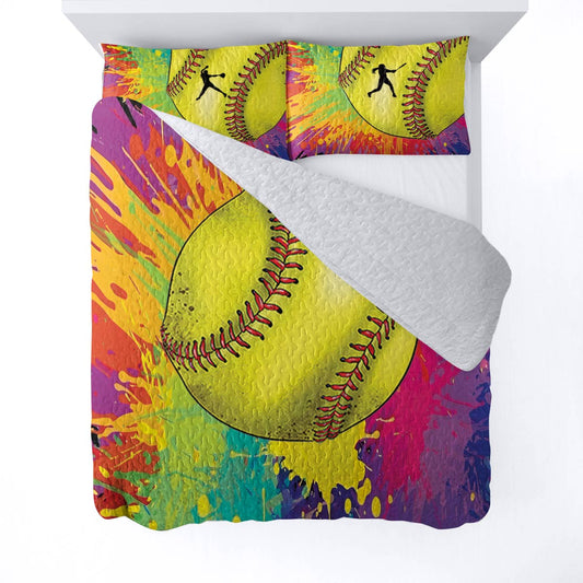 Shineful All Season Quilt 3-Piece Set Colorful Softball Splashing