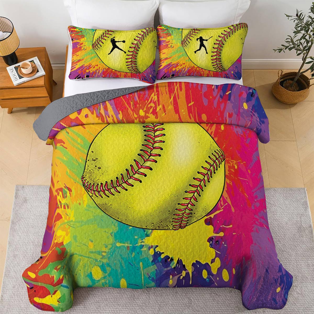 Shineful All Season Quilt 3-Piece Set Colorful Softball Splashing