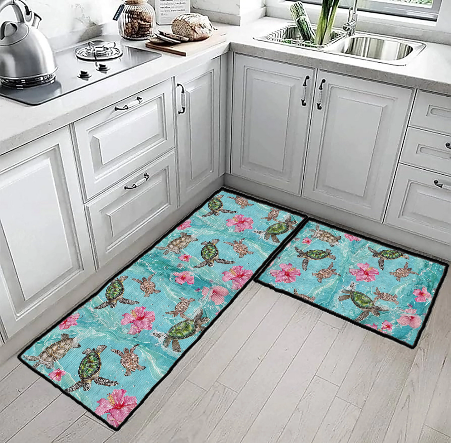 Shineful Ultra-Thin Non Skid Floor Mat, Kitchen Rugs Hibiscus Sea Turtle