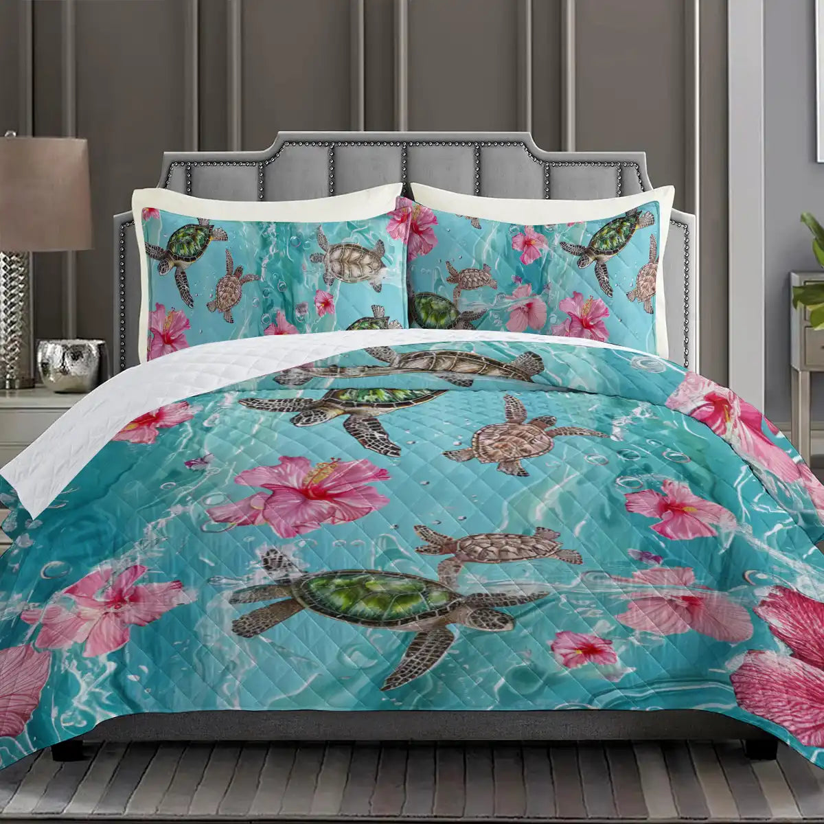 Shineful Quilt 3-Piece Set Sea Turtle Hibiscus