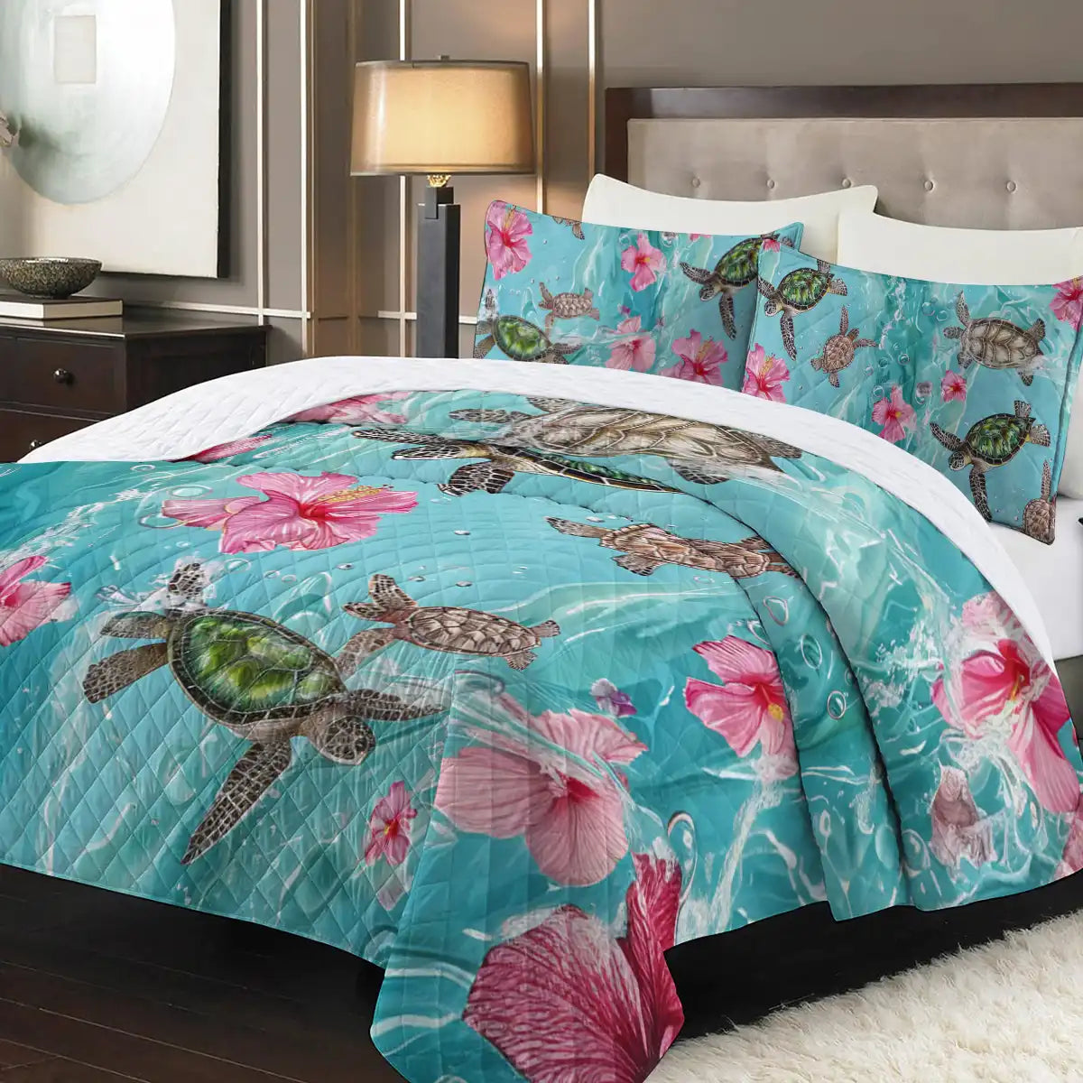 Shineful Quilt 3-Piece Set Sea Turtle Hibiscus