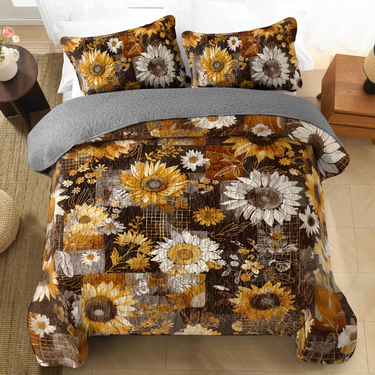 Shineful All Season Quilt 3-Piece Set Fall In Love Sunflowers