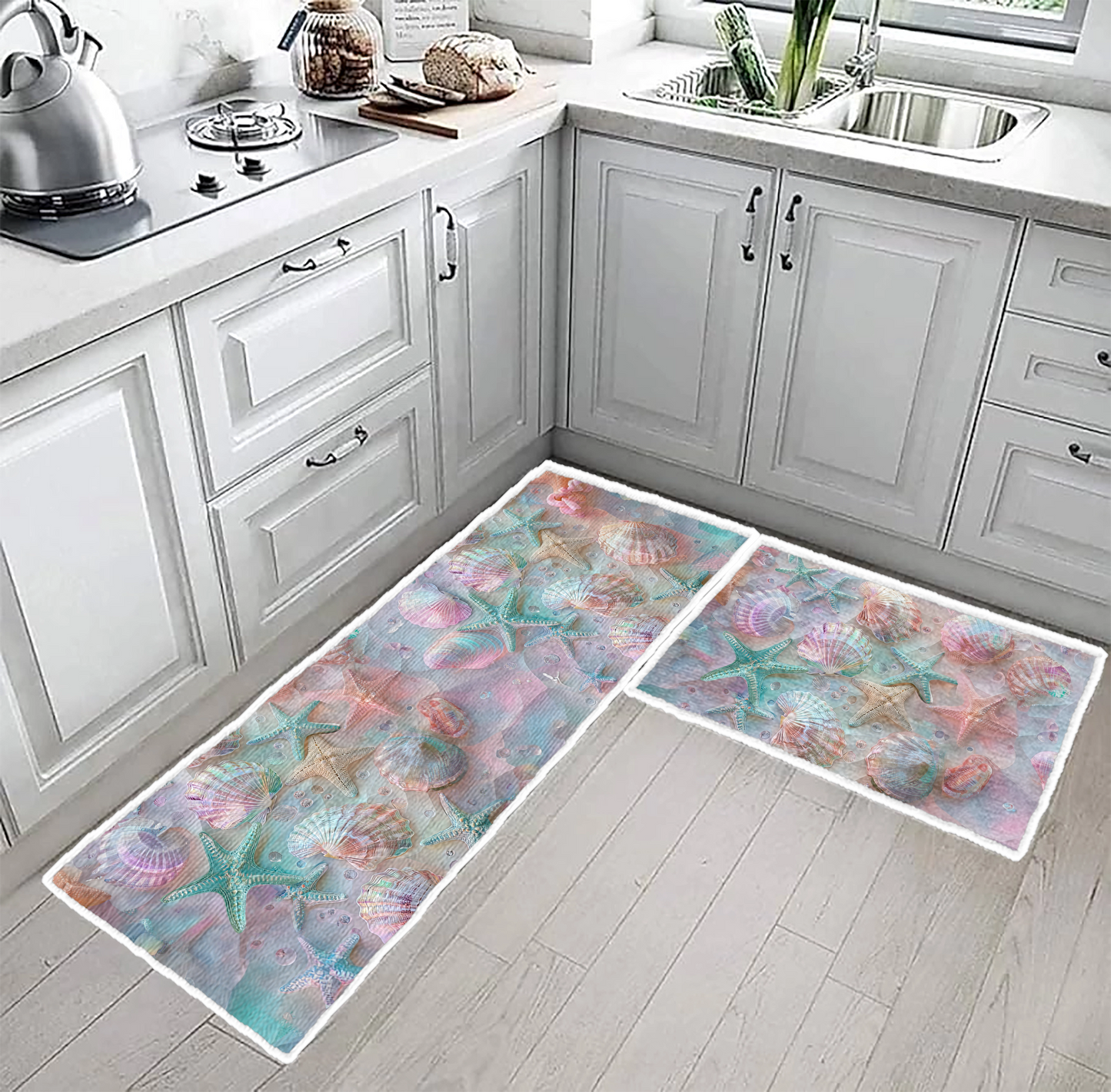 Shineful Ultra-Thin Non Skid Floor Mat, Kitchen Rugs Coastal Shell