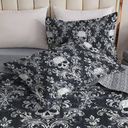 Shineful All Season Quilt 3-Piece Set Beautiful Skull Damask Pattern