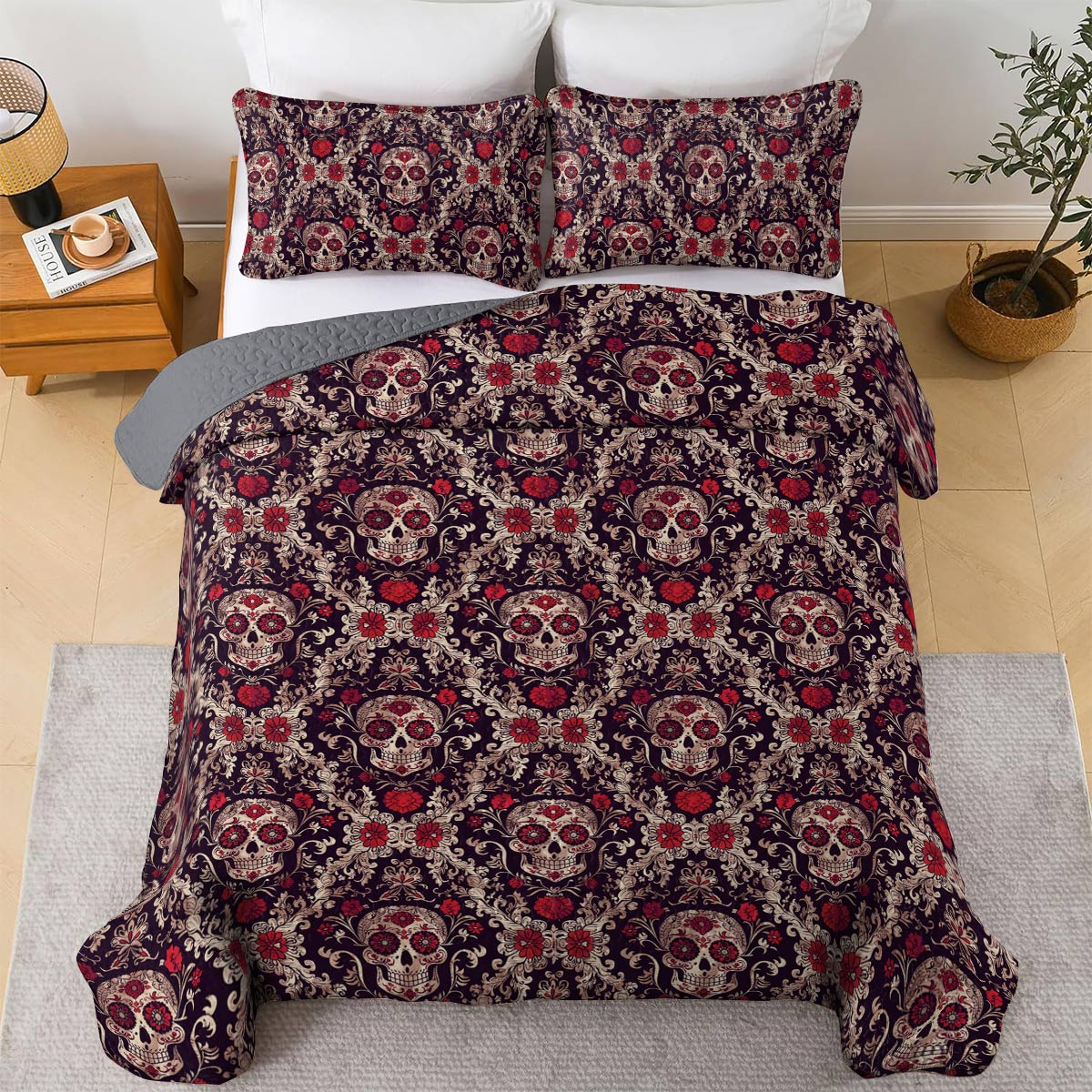 Shineful All Season Quilt 3-Piece Set Resplendent Damask Pattern Skull Love