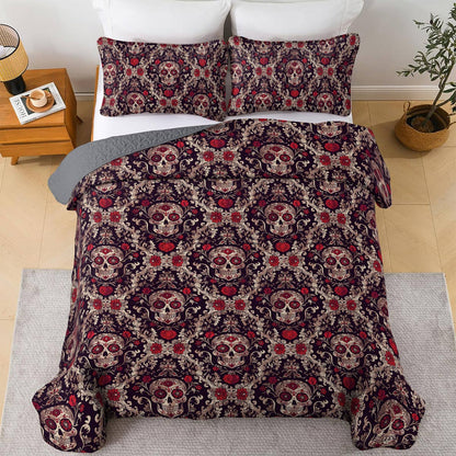 Shineful All Season Quilt 3-Piece Set Resplendent Damask Pattern Skull Love